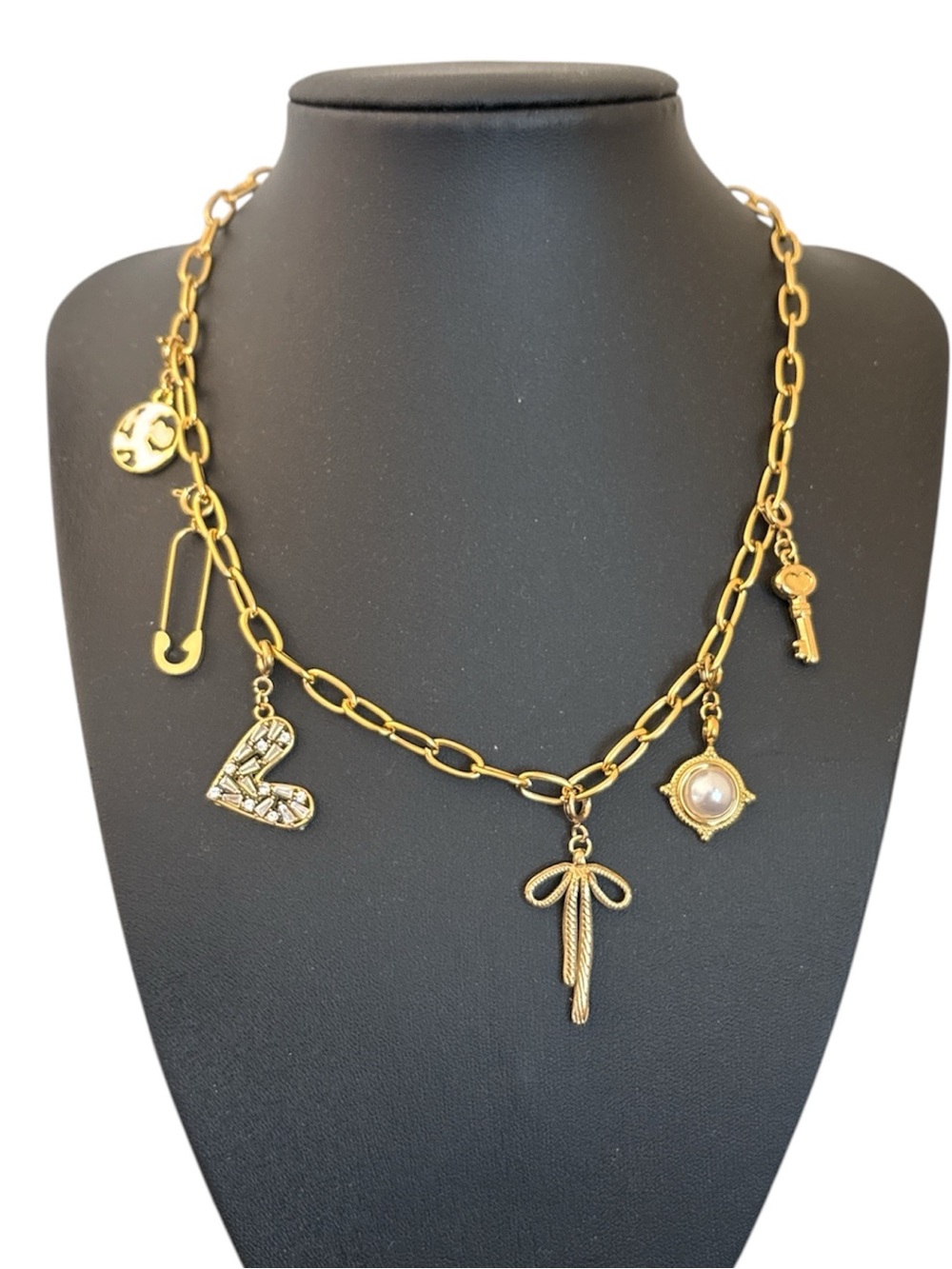 Gold Plated Stainless Steel Paperclip Charm Necklace with 6 Removable Charms